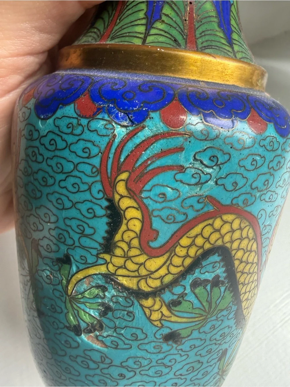 Vintage Turquoise, Yellow and Green Dragon Cloisonné Vase - Picture 4 of 6
